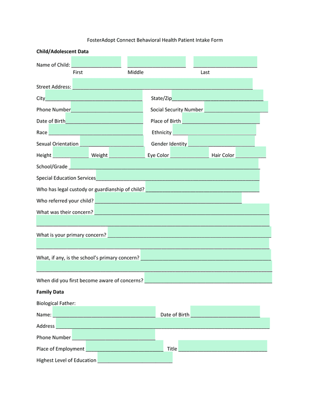 FosterAdopt Connect Behavioral Health Patient Intake Form screenshot