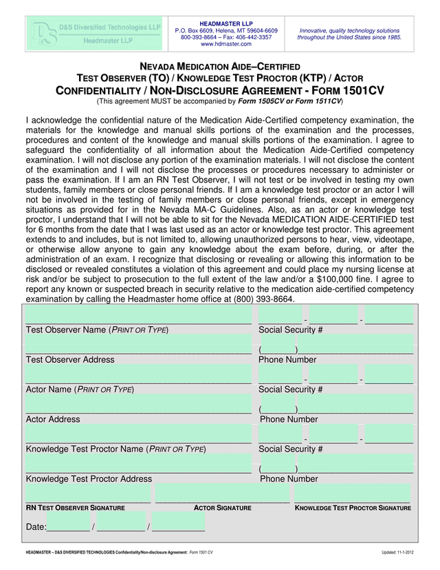 HEADMASTER  DS DIVERSIFIED TECHNOLOGIES ConfidentialityNon Disclosure Agreement Form 1501 CV screenshot