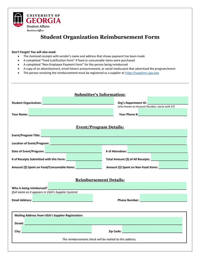 Student Organization Reimbursement Form screenshot