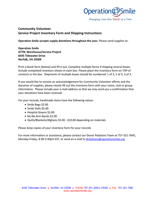Community Volunteer Service Project Inventory Form And Shipping Instructions screenshot