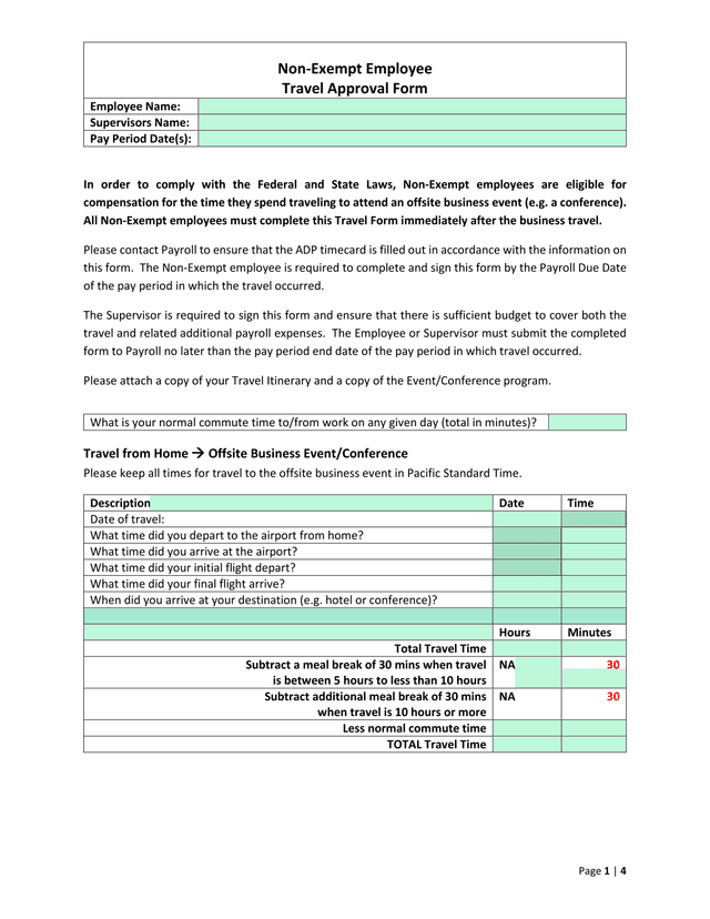 Non Exempt Employee Travel Approval Form screenshot