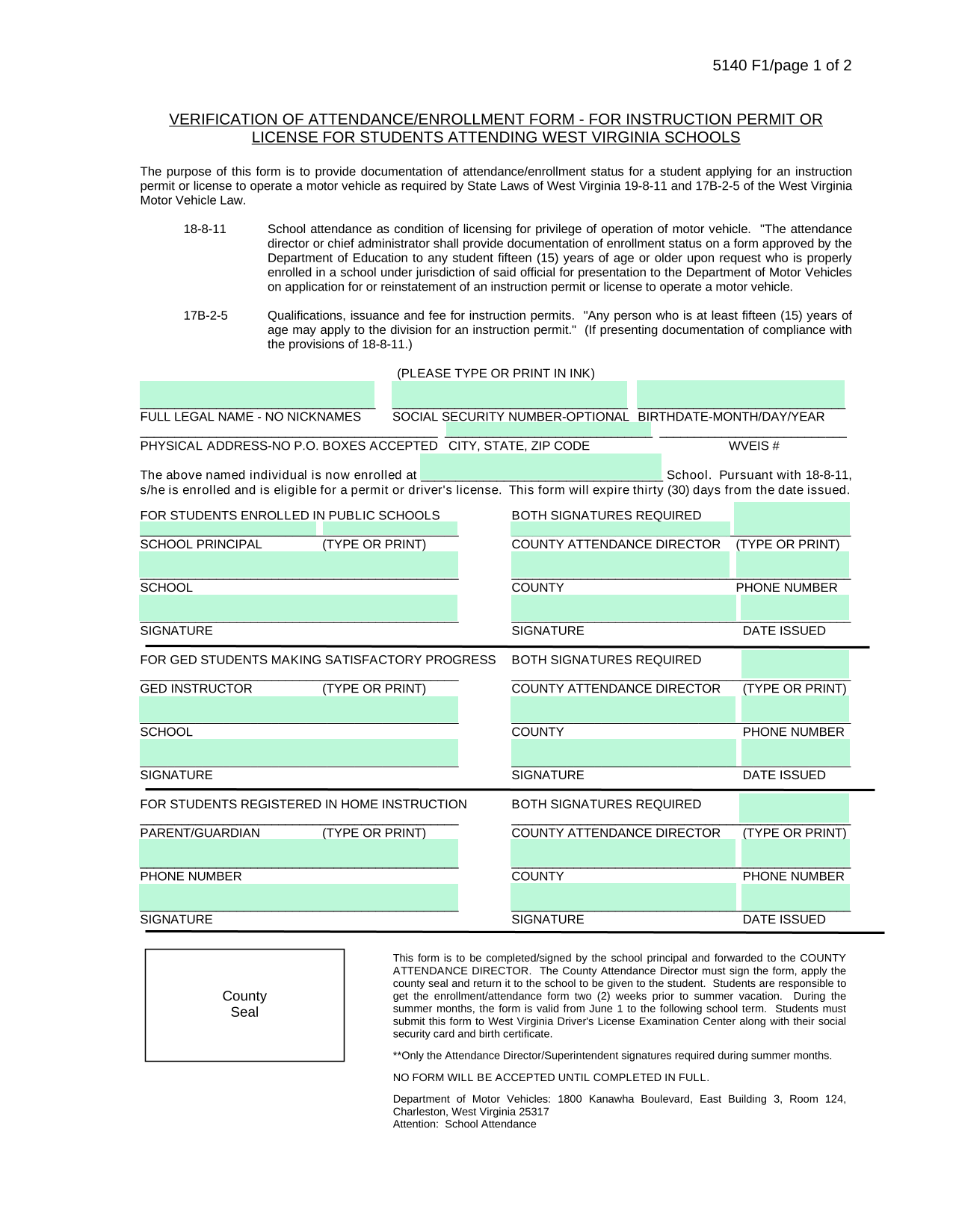 VERIFICATION OF ATTENDANCEENROLLMENT FORM   FOR INSTRUCTION PERMIT OR LICENSE FOR STUDENTS ATTENDING screenshot