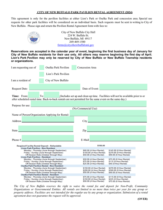 City Of New Buffalo Park Pavilion Rental Agreement (2024) screenshot