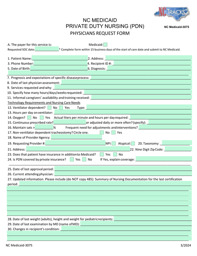 NC Medicaid Private Duty Nursing (PDN) Physicians Request Form screenshot