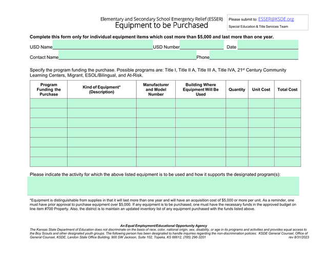 Elementary And Secondary School Emergency Relief (ESSER) Equipment Purchase Form screenshot
