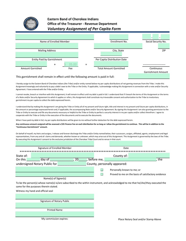 Voluntary Assignment Of Per Capita Form screenshot