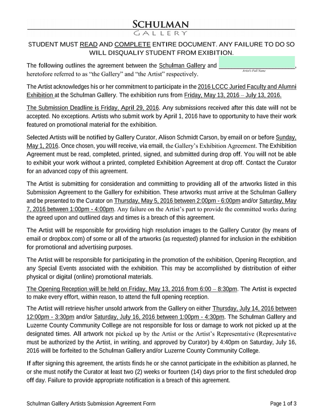 Schulman Gallery Artists Submission Agreement Form screenshot
