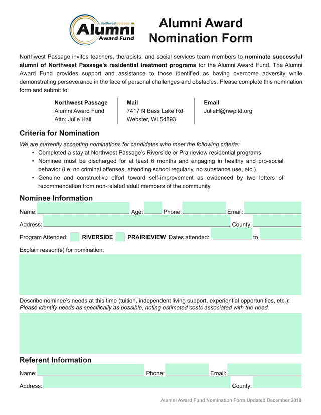 Alumni Award Fund Nomination Form screenshot
