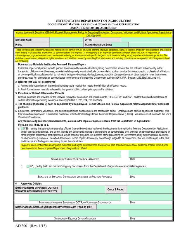 Documentary Materials RemovalNon Removal Certification And Non Disclosure Agreement screenshot