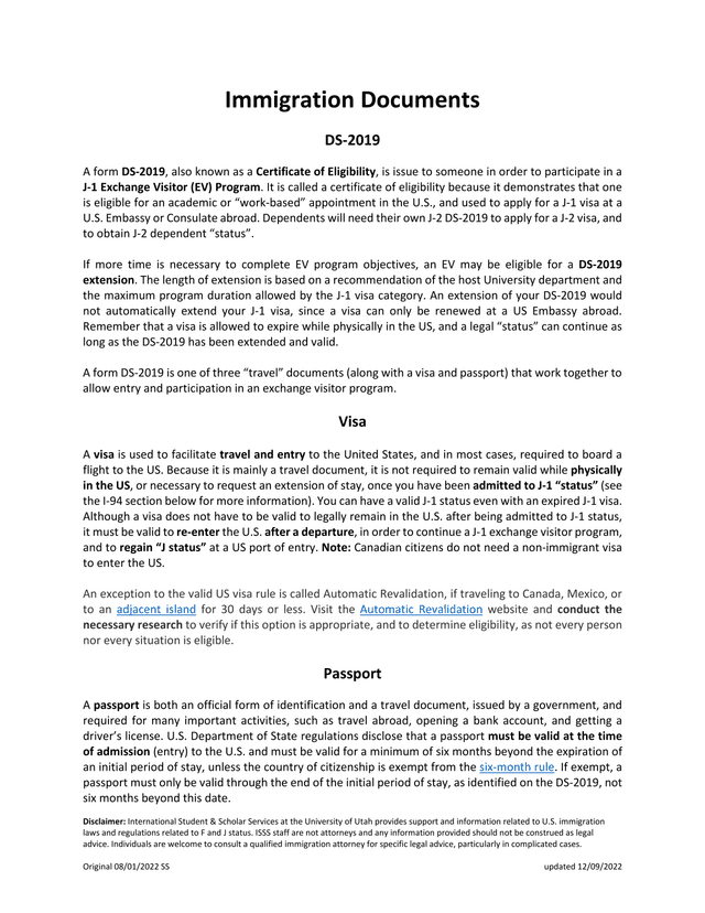 DS 2019 Immigration Document Information screenshot