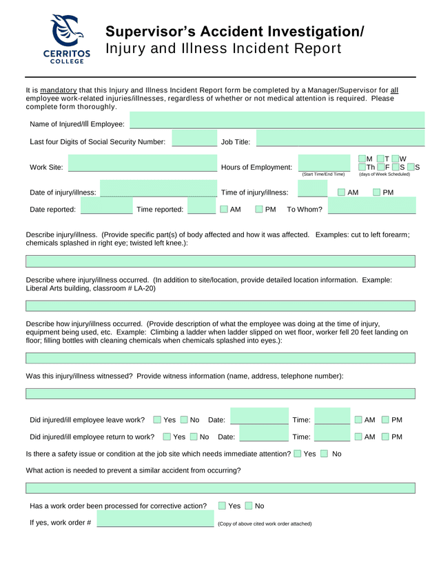 SupervisorS Accident Investigation Injury And Illness Incident Report screenshot