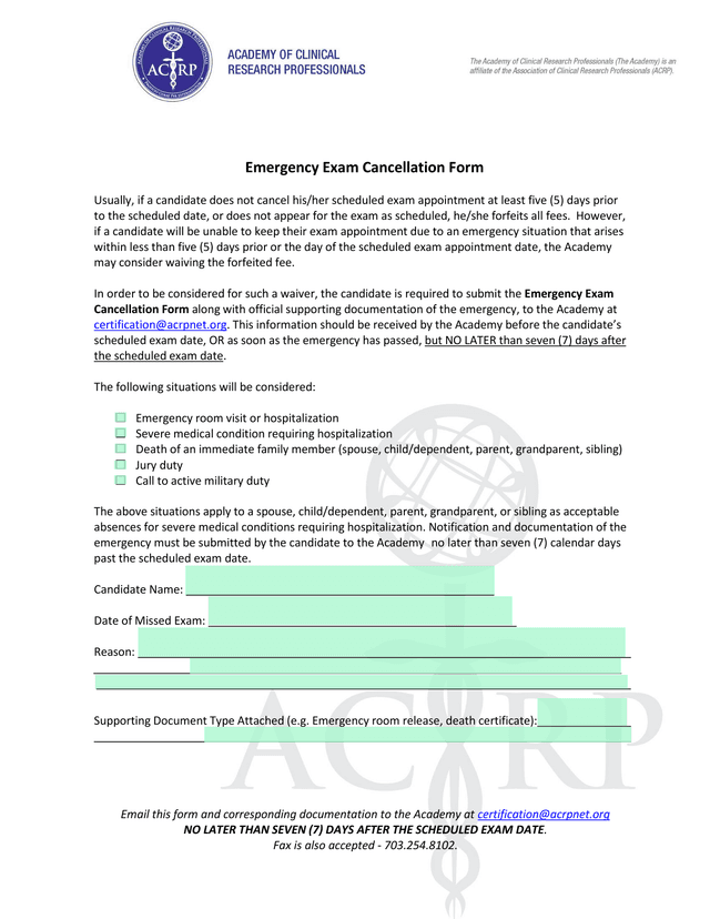 Emergency Exam Cancellation Form screenshot