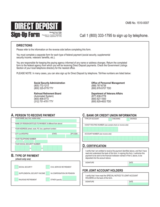 Standard Form 1199A Direct Deposit Sign Up Form screenshot