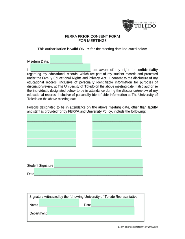 FERPA Prior Consent Form For Meetings screenshot