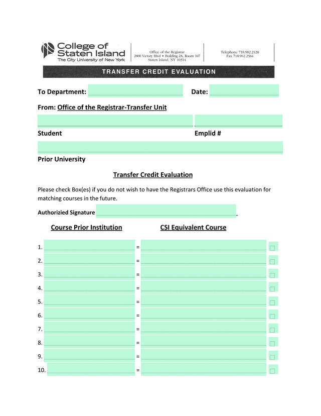 Transfer Credit Evaluation screenshot