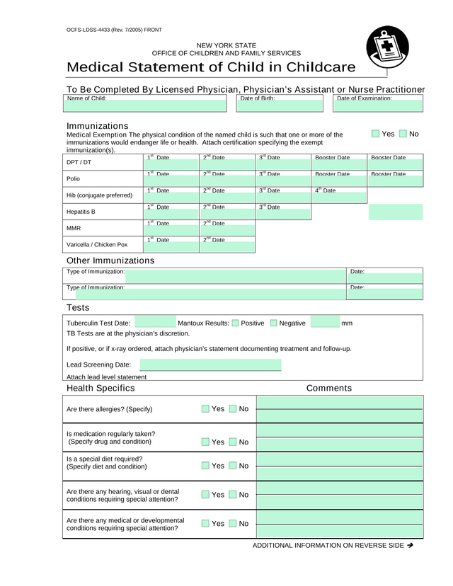OCFS LDSS 4433 Medical Statement Of Child In Childcare screenshot