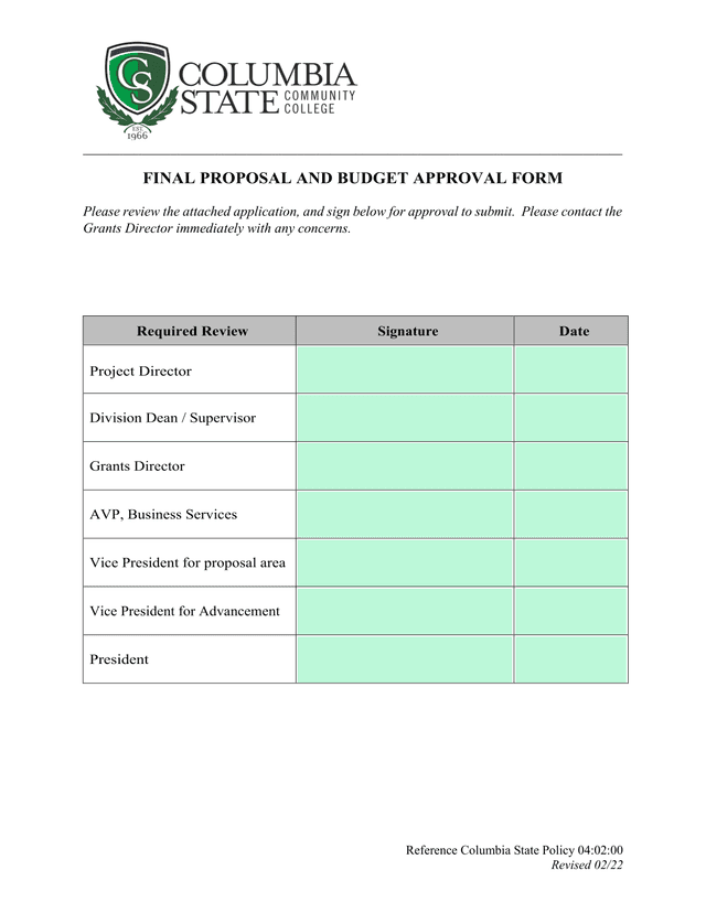 FINAL PROPOSAL AND BUDGET APPROVAL FORM screenshot