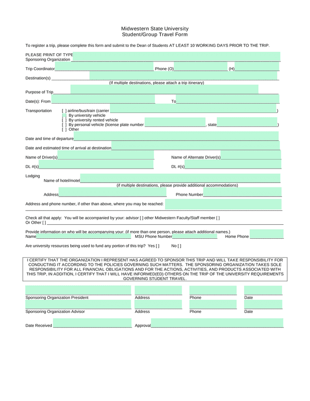 StudentGroup Travel Form screenshot