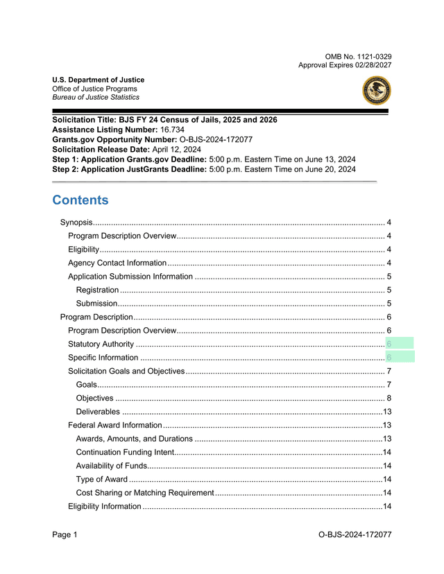 BJS FY 24 Census Of Jails, 2025 And 2026 Solicitation screenshot