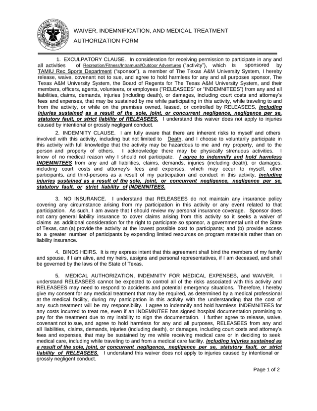 WAIVER, INDEMNIFICATION, AND MEDICAL TREATMENT AUTHORIZATION FORM screenshot
