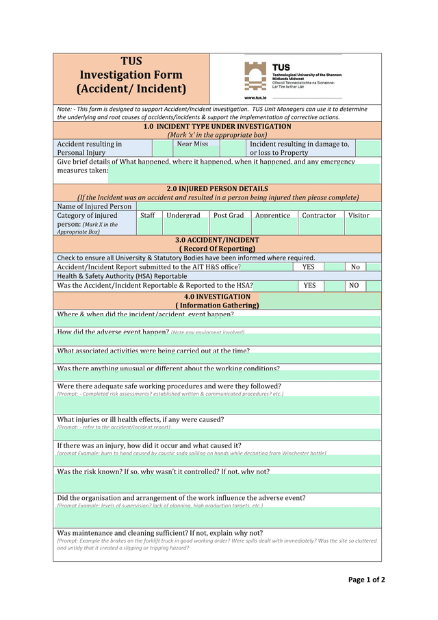 TUS Investigation Form (AccidentIncident) screenshot