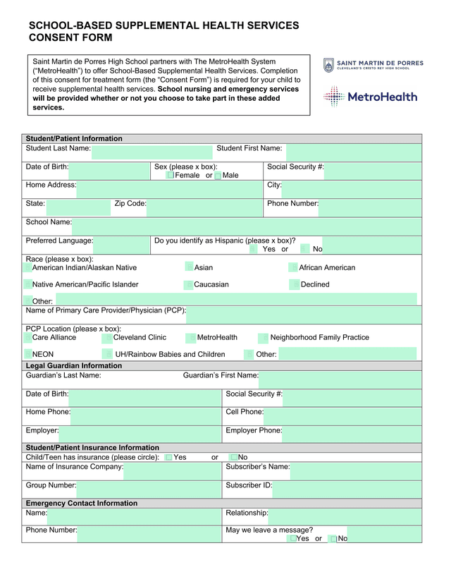 School Based Supplemental Health Services Consent Form screenshot