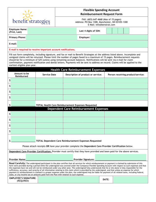 Flexible Spending Account Reimbursement Request Form screenshot