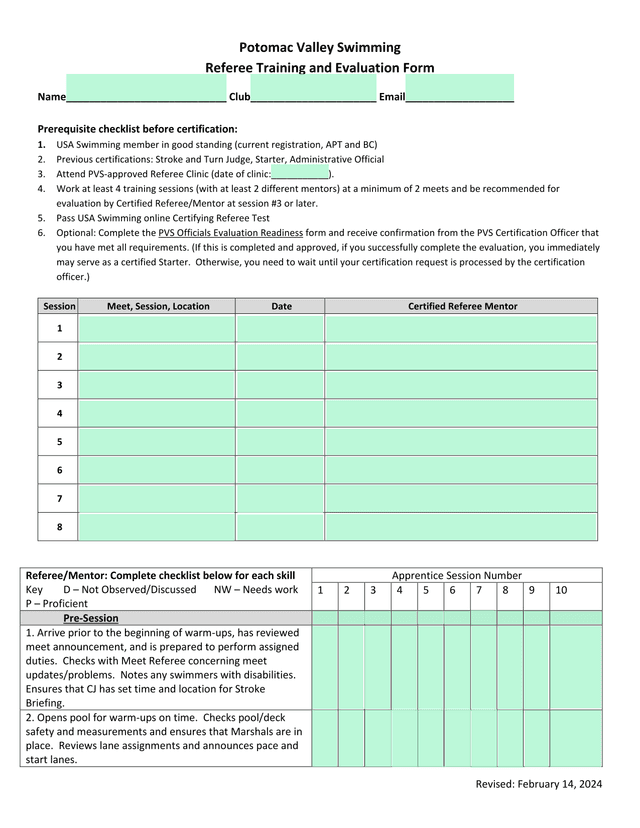 Potomac Valley Swimming Referee Training And Evaluation Form screenshot