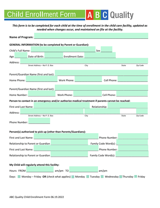 ABC Quality Child Enrollment Form screenshot