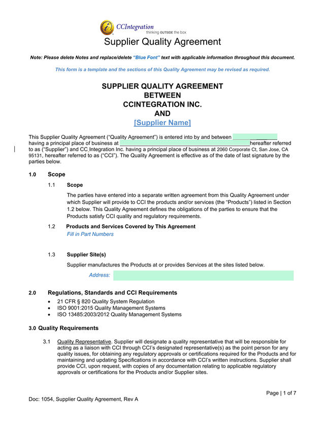 Supplier Quality Agreement screenshot