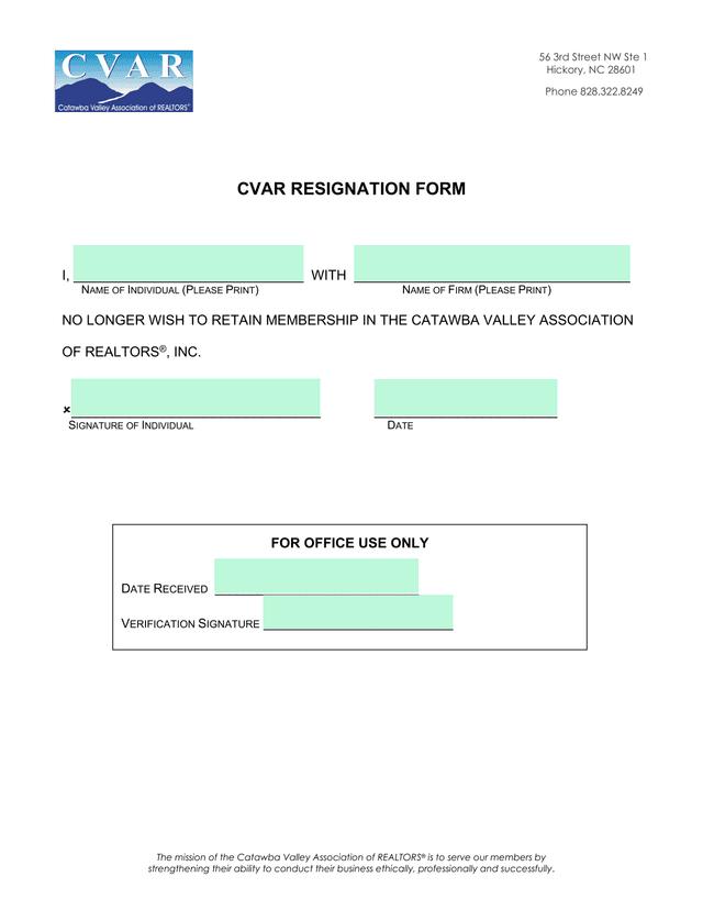 CVAR RESIGNATION FORM screenshot