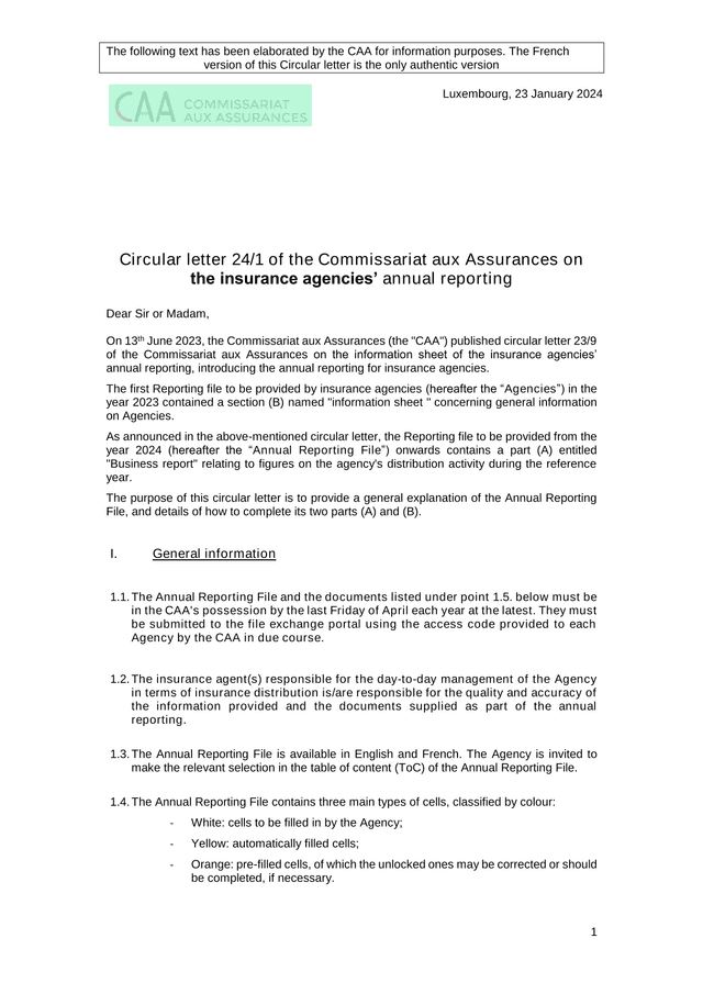 Circular Letter 241 Of The Commissariat Aux Assurances On The Insurance Agencies Annual Reporting screenshot