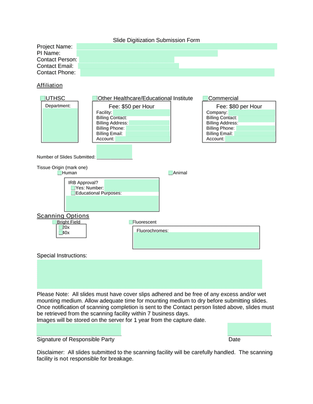 Fluorochromes Slide Digitization Submission Form screenshot