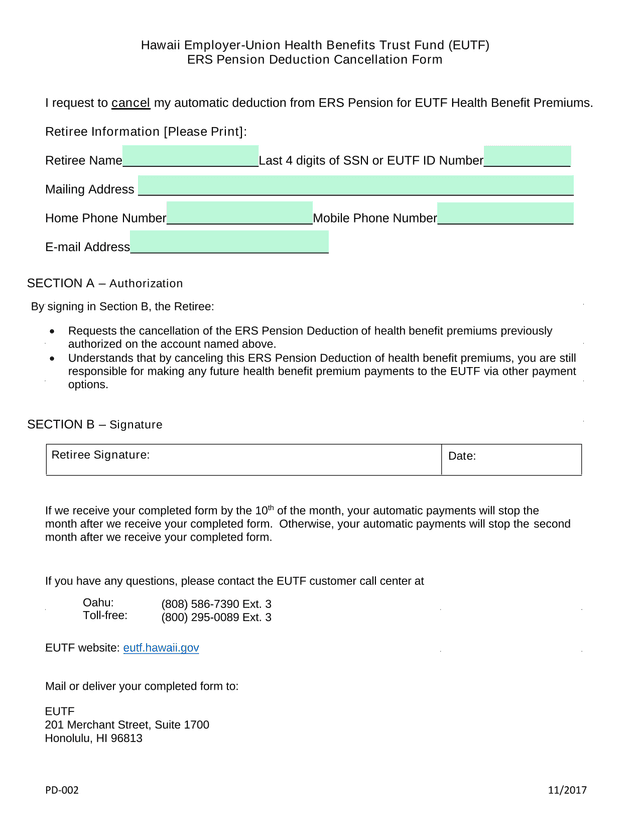 ERS Pension Deduction Cancellation Form screenshot