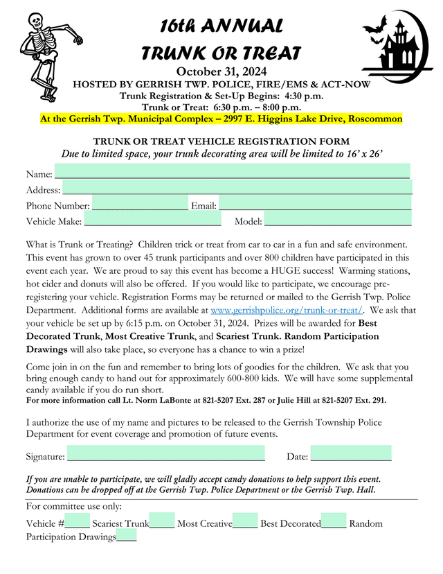Trunk Or Treat Vehicle Registration Form screenshot