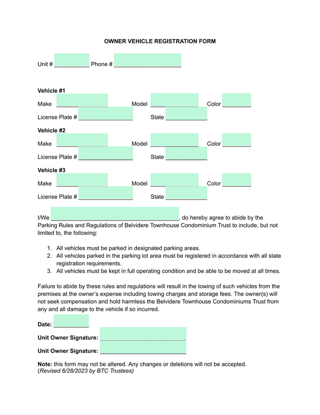 Owner Vehicle Registration Form screenshot