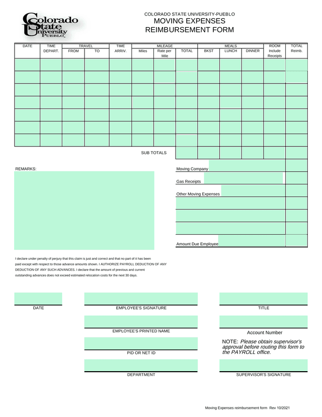 MOVING EXPENSES REIMBURSEMENT FORM screenshot