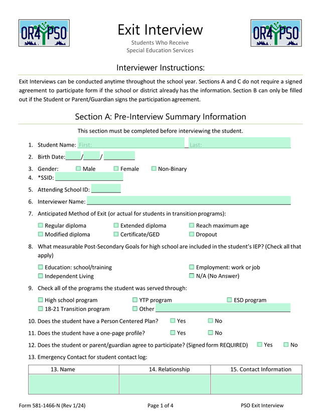 Form 581 1466 N PSO Exit Interview screenshot