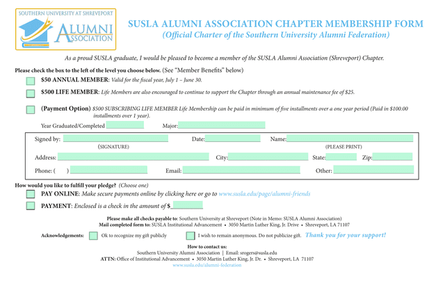 SUSLA Alumni Association Chapter Membership Form screenshot
