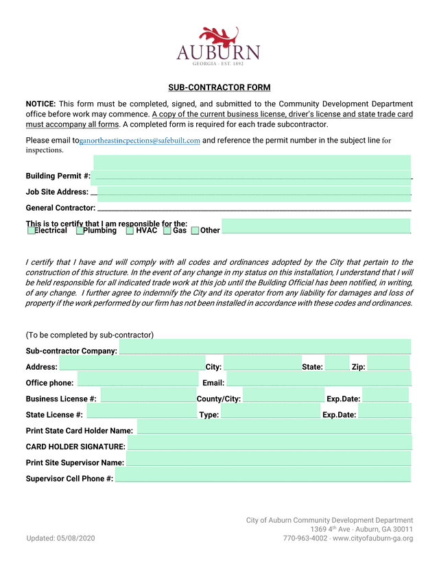 SUB CONTRACTOR FORM screenshot