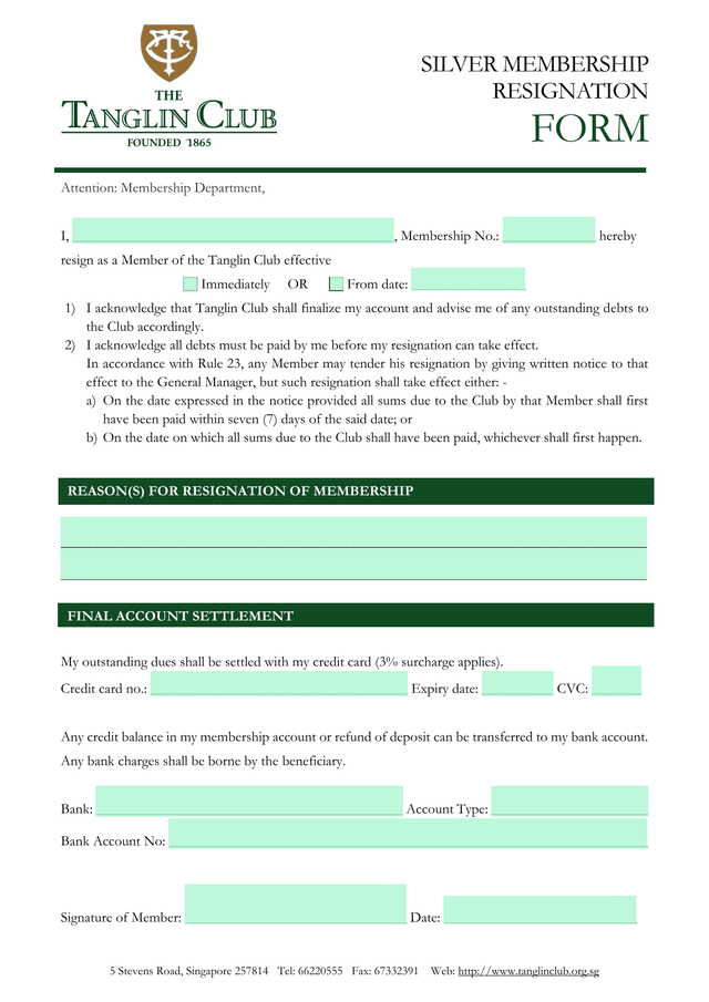 Silver Membership Resignation Form screenshot