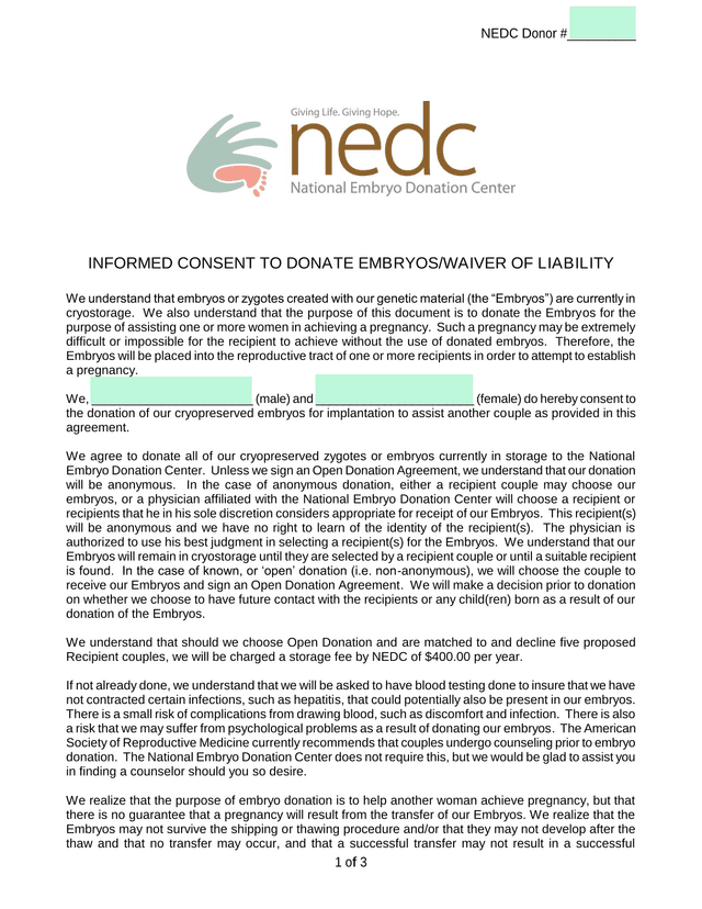 INFORMED CONSENT TO DONATE EMBRYOSWAIVER OF LIABILITY screenshot