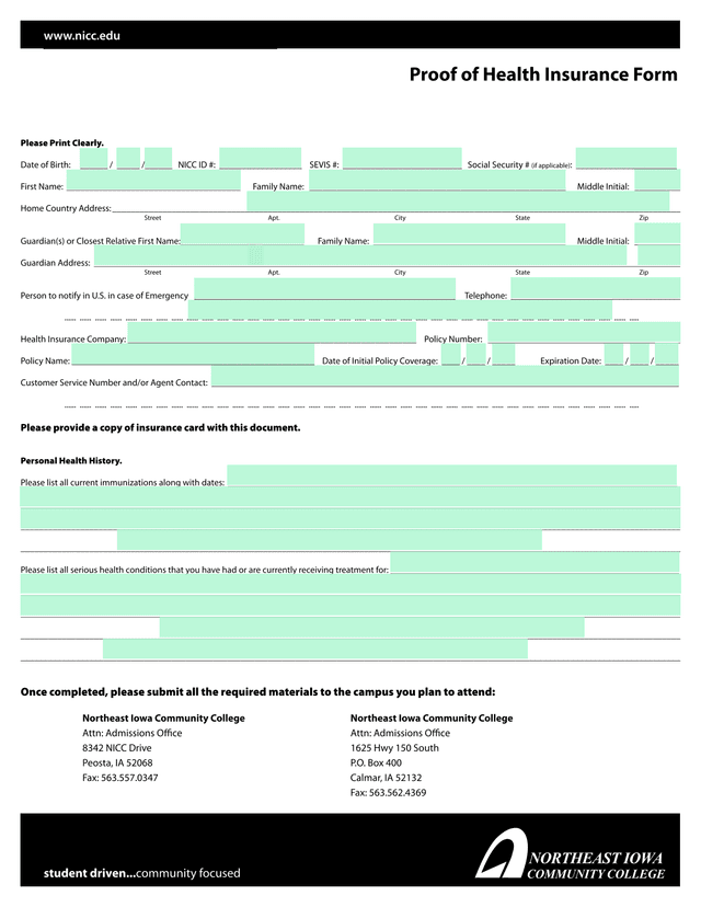 Proof Of Health Insurance Form screenshot