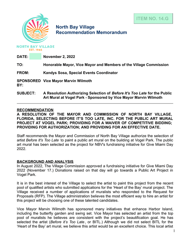 A Resolution Authorizing Selection Of Before ItS Too Late For The Public Art Mural At Vogel Park screenshot