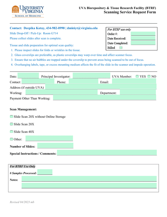 UVA Biorepository  Tissue Research Facility (BTRF) Scanning Service Request Form screenshot