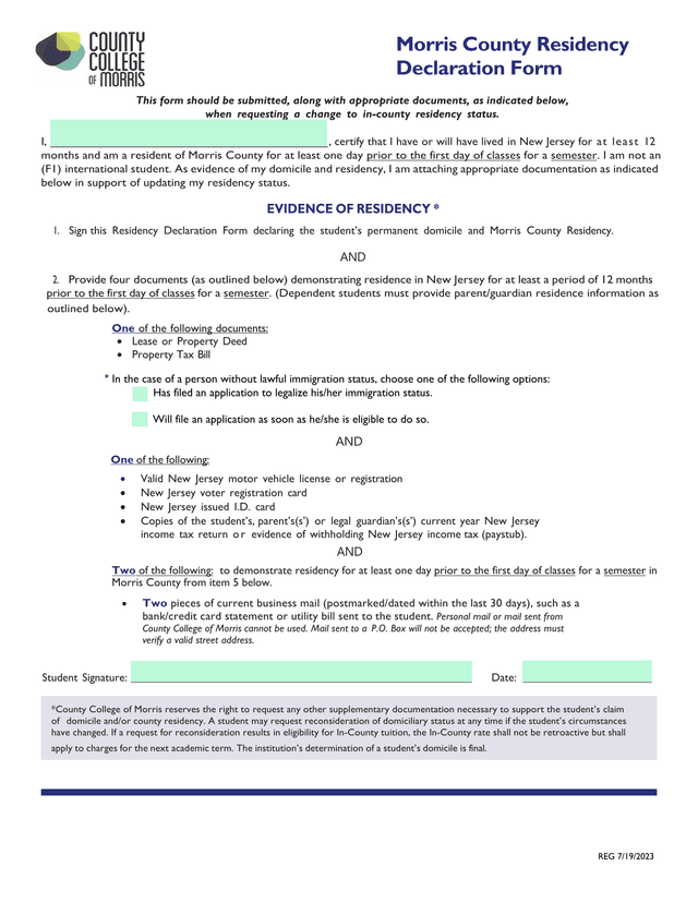 Morris County Residency Declaration Form screenshot