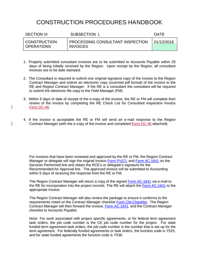 Construction Procedures Handbook Processing Consultant Inspection Invoices screenshot