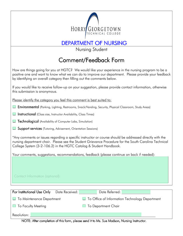 Nursing Student CommentFeedback Form screenshot