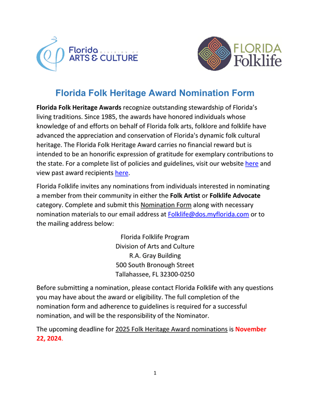 Florida Folk Heritage Award Nomination Form screenshot