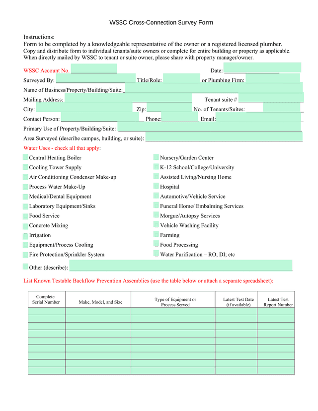 WSSC Cross Connection Survey Form screenshot